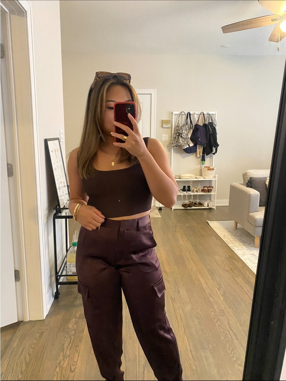 Brown aritzia silk cargo pants